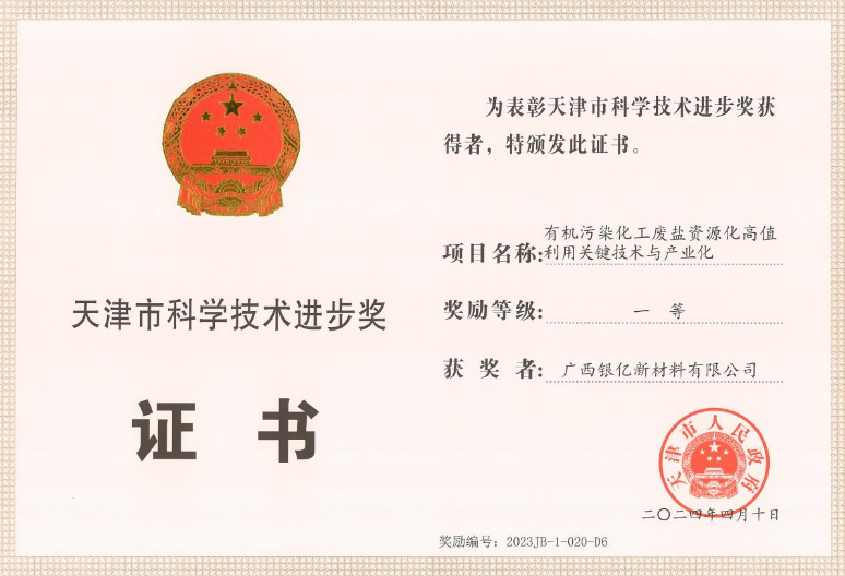 广西银亿荣获“天津市科学技术进步奖”一等奖